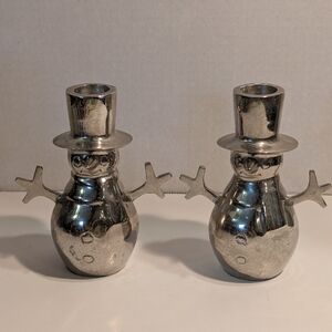 2 Silver Metal Snowmen Candle Holder Set.